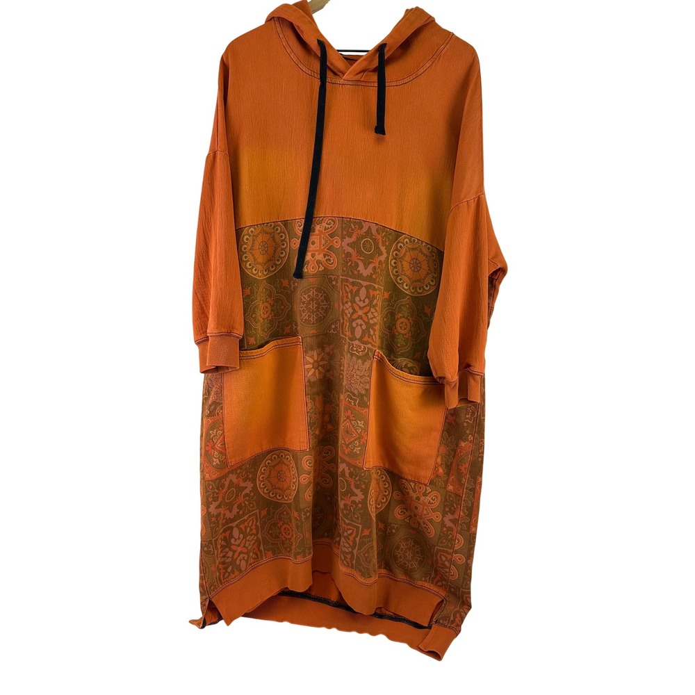 Oversized Hoodie Dress Orange Boho Patchwork Medallion Midi Sweatshirt One Size